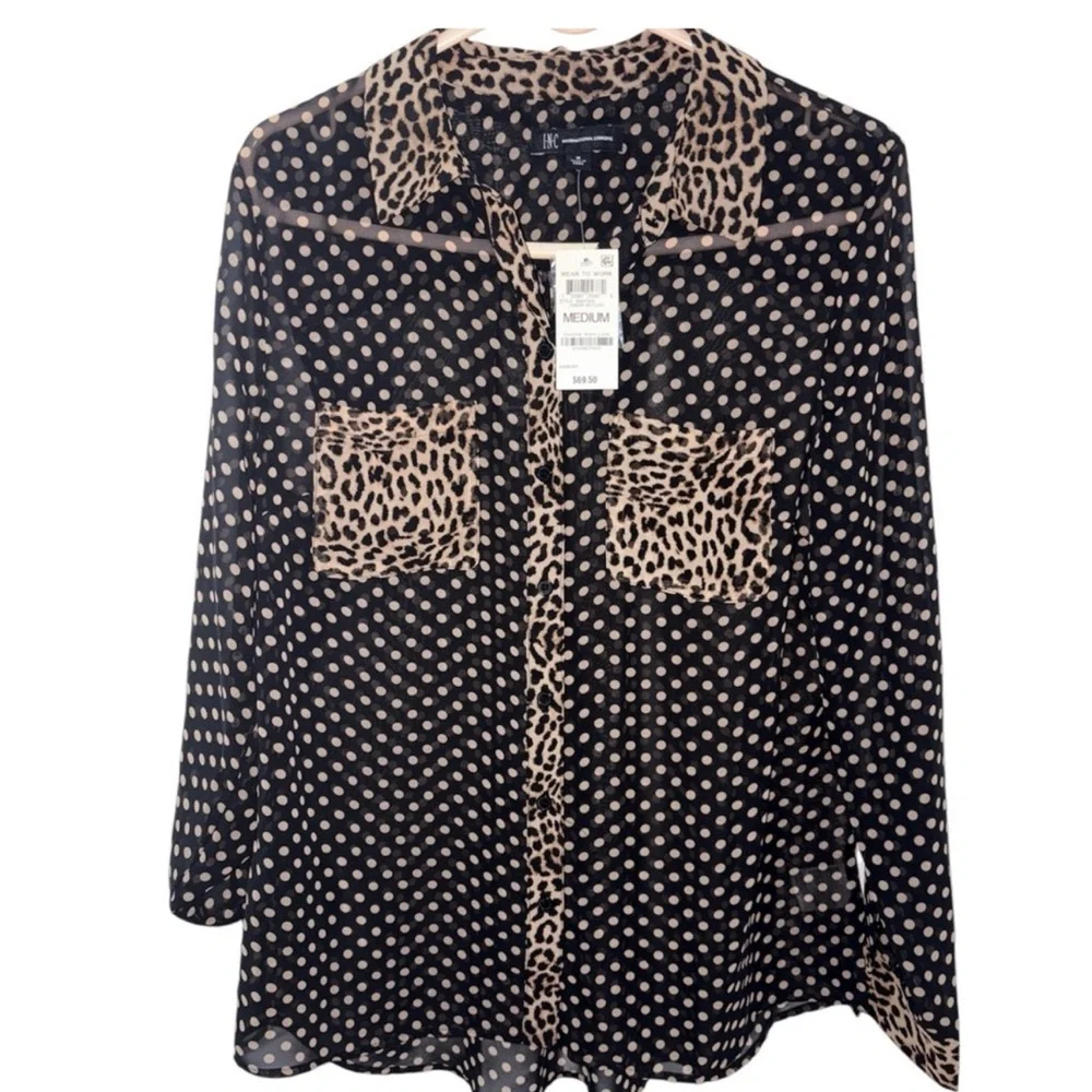 NWT INC International Concepts Black and Tan Sheer‎ Polka Dot Blouse Size Medium - Picture 2 of 10